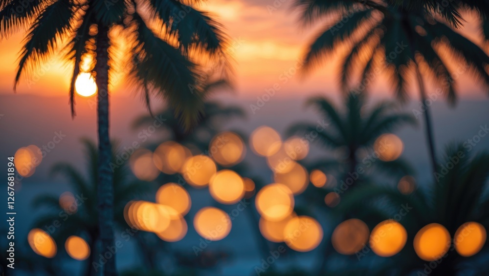 Poster sunset bokeh effect with silhouetted palm trees creating a tranquil ambiance in tropical landscape