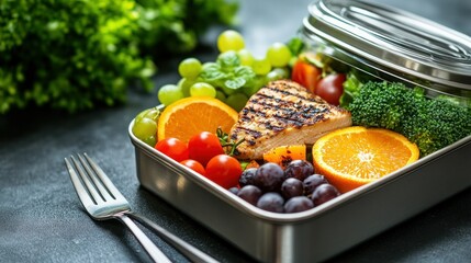 Healthy lunchbox meal with grilled chicken, fruit, and vegetables
