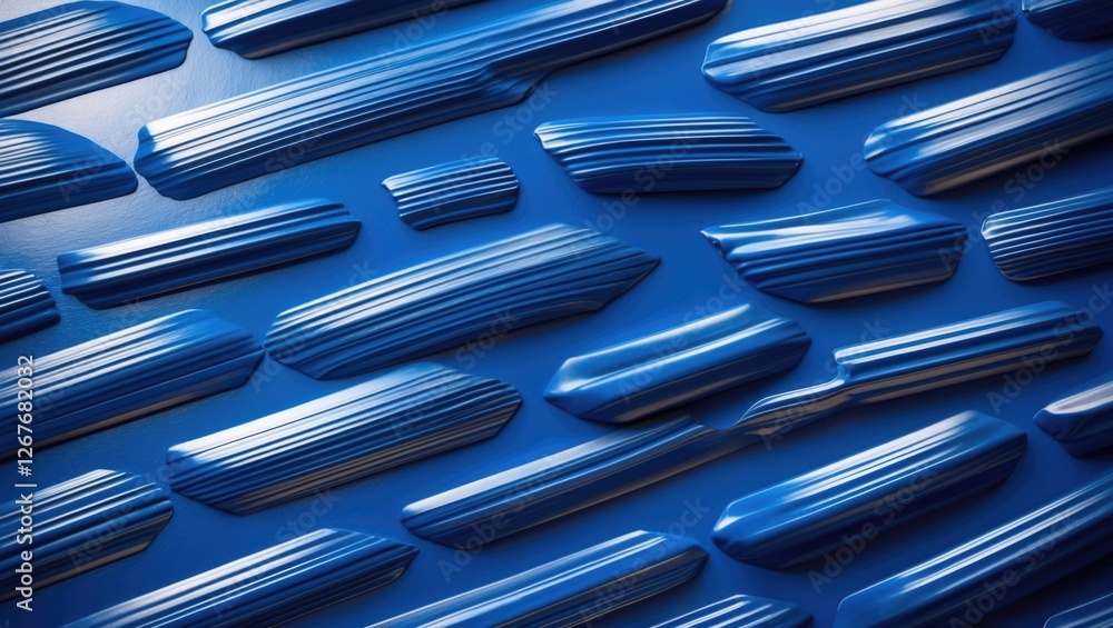 Poster textured blue metal surface with varied dimensional shapes creating a modern abstract design on a wh