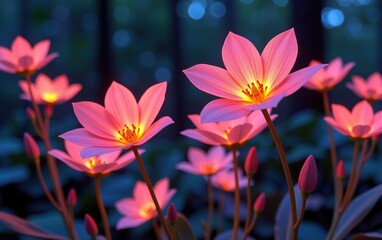 Fototapeta premium stunning close-up of vibrant, glowing flowers in full bloom, illuminated with soft golden light. The petals exhibit 