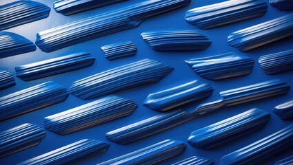 Textured blue metal surface with varied dimensional shapes creating a modern abstract design on a white background.