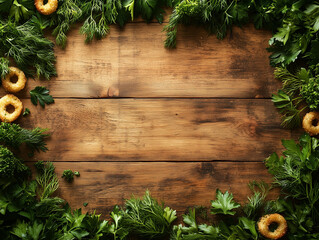 Lots of different fresh, healthy greens, herbs and onion rings, on a wooden background. Perfect for your: menu, recipe, advertising, flyers. Generative Ai