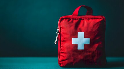 Red First Aid Kit or Bag on Blue Backdrop with Copy Space for Medical and Emergency Preparedness