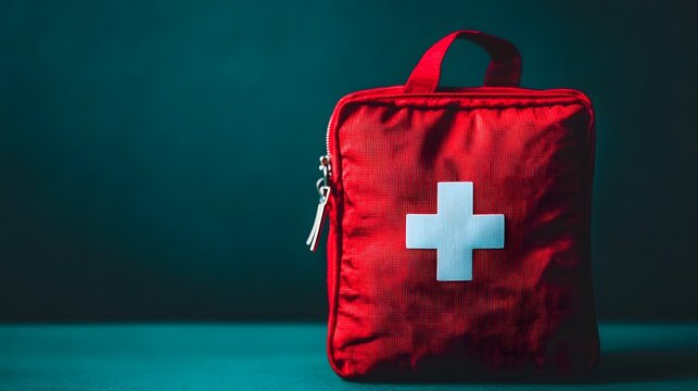 Red First Aid Kit or Bag on Blue Backdrop with Copy Space for Medical and Emergency Preparedness