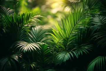 Emerald Canopy, A Lush Tapestry of Tropical Palm Fronds and Glimmering Sunlight