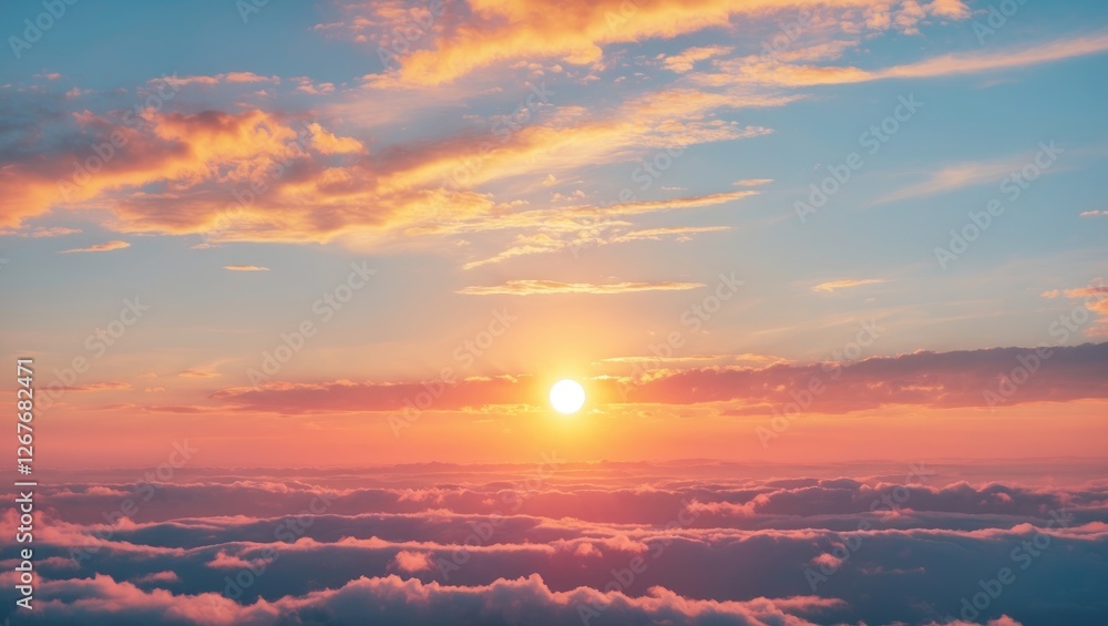 Poster serene sunset sky over clouds with vibrant colors and soft light perfect for background or text use