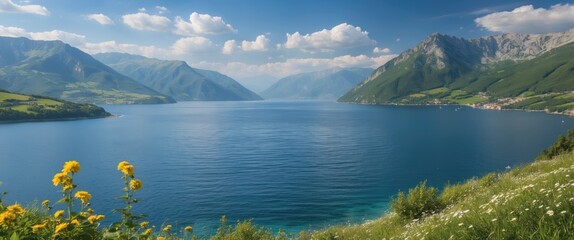 Obraz premium Serene Summer Landscape with Lush Mountains and Tranquil Sea Under a Clear Blue Sky