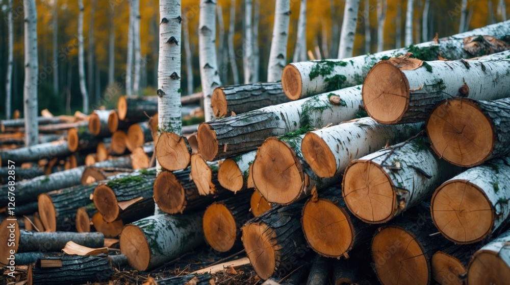 Poster birch tree logs stacked in a serene forest setting ready for processing during autumn foliage season
