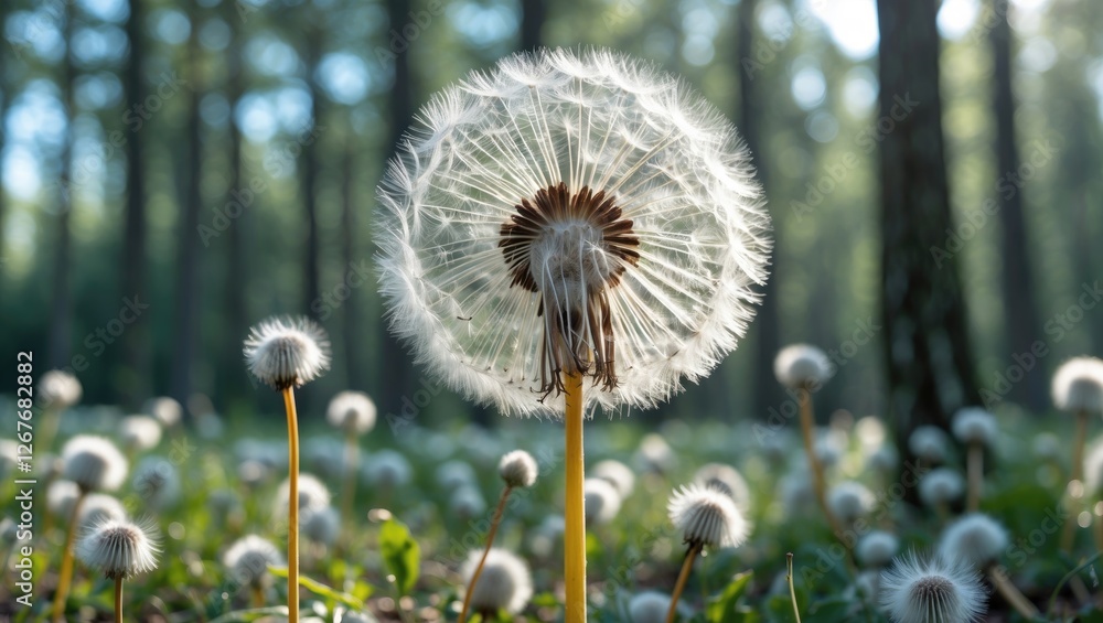 Poster magnificent white dandelion surrounded by forest greenery macro shot with shallow depth of field ide