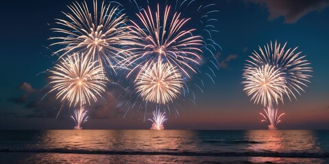 Colorful Fireworks Display Over Calm Beach At Dusk With Clear Sky And Tranquil Water Surface For Custom Text Space