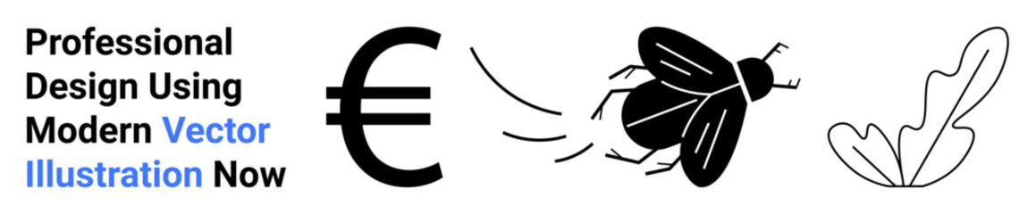 Euro sign, buzzing fly in motion, abstract leaf design. Ideal for finance, nature, economy, eco-awareness, currency topics, modern design concepts flat landing page banner