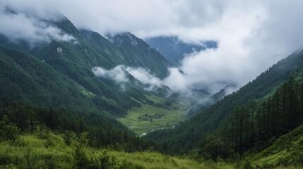 Obraz premium A serene valley scene featuring a flowing river that winds through lush greenery and rolling hills, showcasing natural beauty and tranquility.
