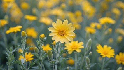 Vibrant Yellow Daisy Flowers in a Lush Green Field Creating a Cheerful and Bright Natural Scene