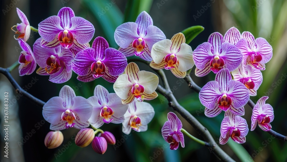 Poster exquisite assortment of vibrant exotic orchids in bloom showcasing their unique colors and patterns 