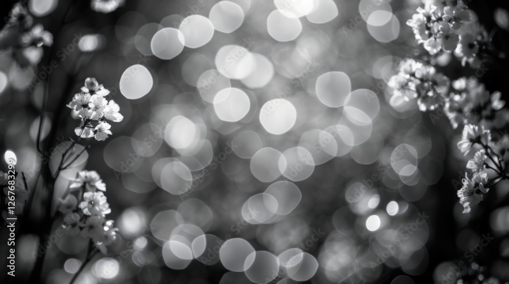 Poster black and white bokeh background featuring delicate flowers with a soft focus creating a serene and 