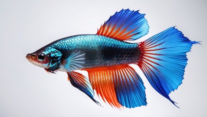 Fototapeta premium Vibrant Betta Fish Displaying Colorful Fins Swimming Against a Clean White Background