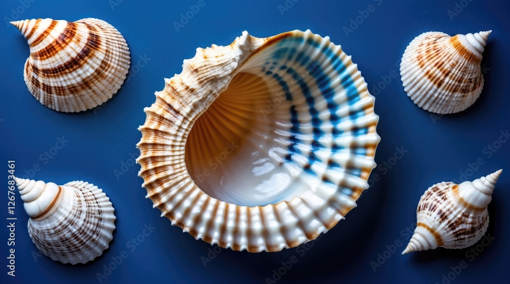 Poster vibrant collection of exotic seashells arranged on a calming blue background showcasing their intric