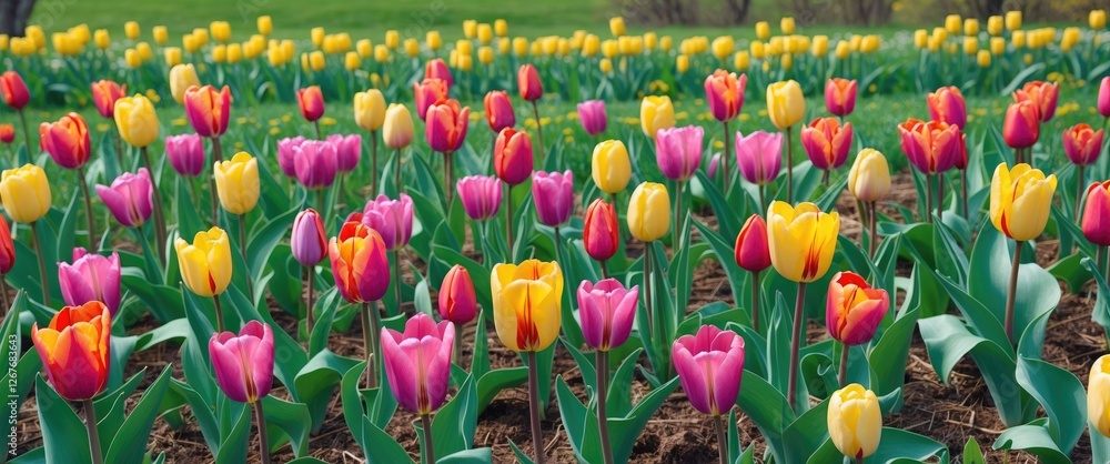 Poster vibrant tulip field in spring with colorful blooms surrounded by fresh green leaves and ample space 