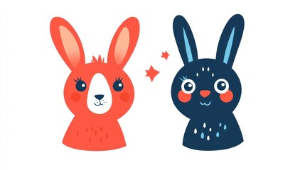 Obraz premium Two cute bunny rabbits stand facing forward on a solid background. Use Children's product