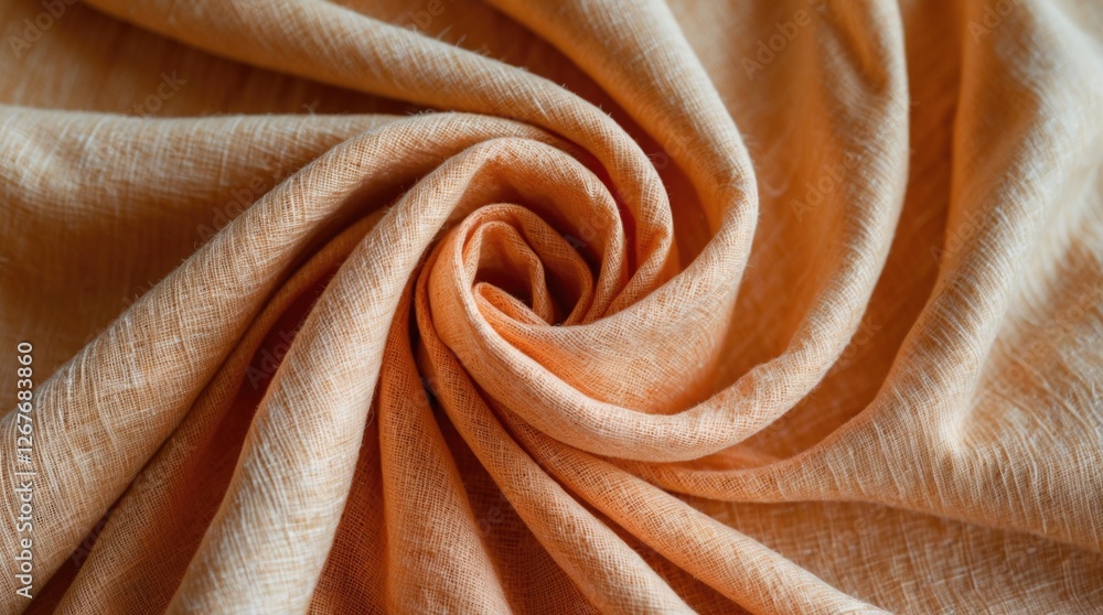 Poster linen fabric in soft light orange hues elegantly twisted to showcase texture and softness in textile