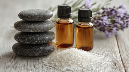Spa relaxation setup featuring natural salts and essential oils on wooden surface for a rejuvenating experience