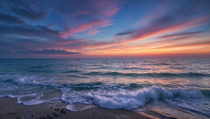 Serene Evening Seascape with Vibrant Sunset Colors and Gentle Waves on Tranquil Shoreline.