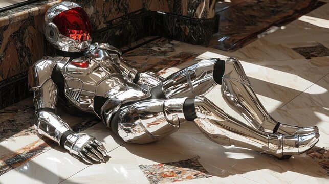 Futuristic robot lying on marble floor, sunlit interior