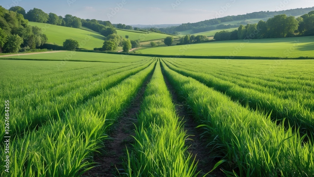 Poster lush green field with rows of grass under clear blue sky and expansive copy space for text use