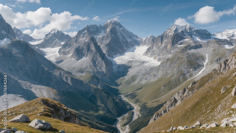 Poster majestic mountain landscape at sella pass with vast sky and clear copy space for text and design ele