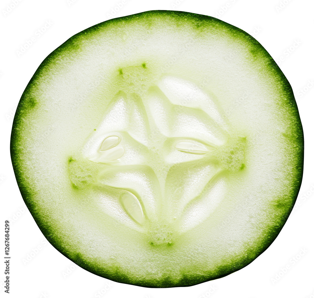 Poster detailed cross section of a fresh green cucumber slice on transparent background