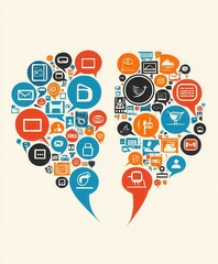 Two speech bubbles feature distinct social media icons, showcasing various platforms for online communication and interaction.