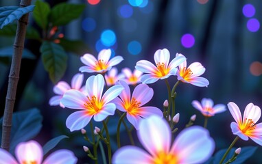 Fototapeta premium stunning close-up of vibrant, glowing flowers in full bloom, illuminated with soft golden light. The petals exhibit 