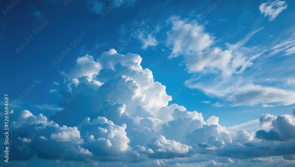 Poster majestic blue sky with fluffy white clouds creating a serene and tranquil natural background for var