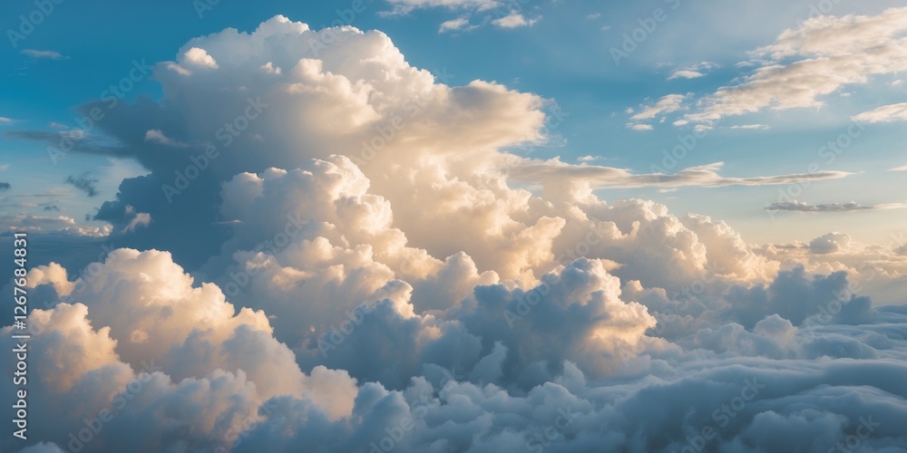 Poster majestic white clouds against blue sky with soft illuminations and expansive space for custom text o