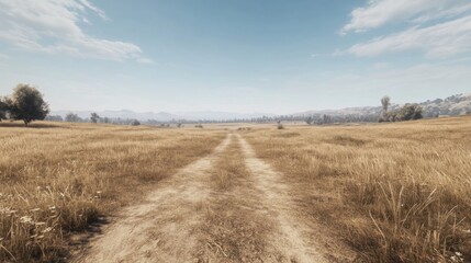 Fototapeta premium Country road through golden meadow under clear sky