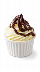 Creamy vanilla frozen dessert topped with rich chocolate sauce in a small white bowl.