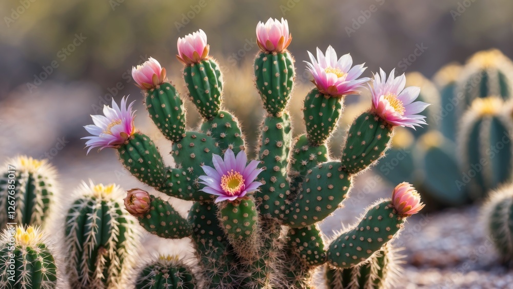 Poster blooming beaver tail cactus displaying colorful flowers with blurred background and ample space for 