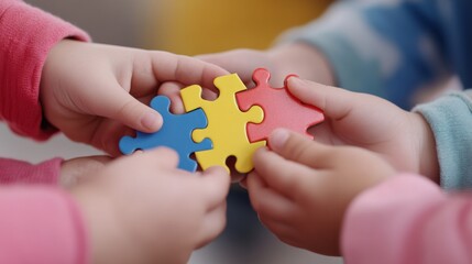 Children Solving Puzzle Pieces Together