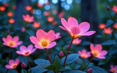 Fototapeta premium stunning close-up of vibrant, glowing flowers in full bloom, illuminated with soft golden light. The petals exhibit 