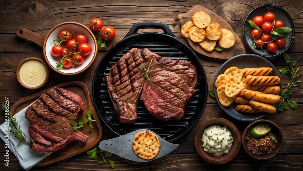 Poster grilled beef steaks with fresh vegetables and snacks on rustic table top view culinary presentation 