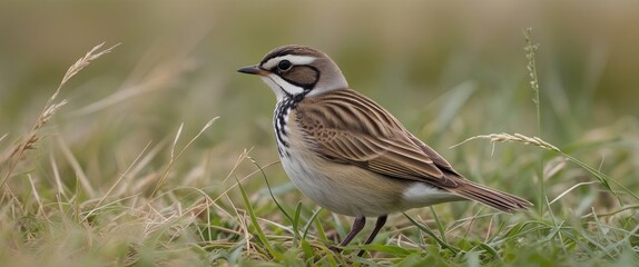 Fototapeta premium Lark Bird Foraging on a Green Grass Field in Natural Habitat during Daylight