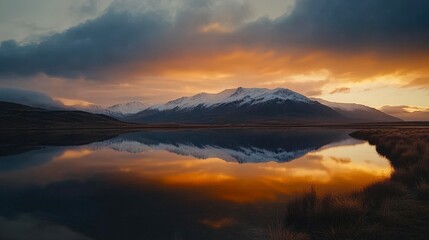 Obraz premium A serene landscape featuring majestic mountains reflecting on a tranquil lake at sunset, showcasing vibrant hues of orange and purple in the sky, Ideal for nature-themed projects and promotions,