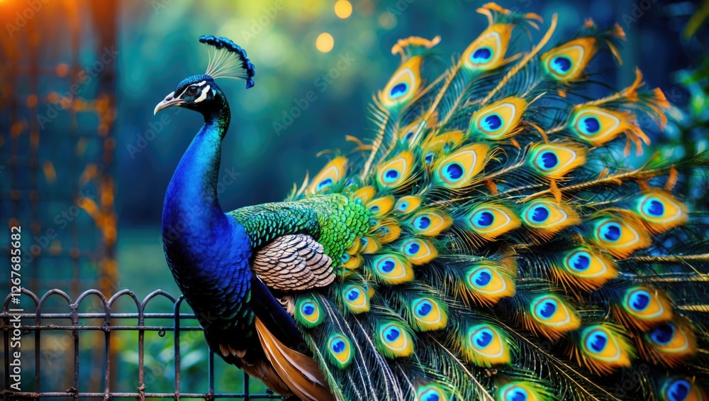 Poster vibrant peacock displaying colorful feathers on a fenced background in a serene natural setting