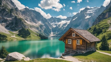 Serene Alpine Landscape Featuring an Emerald Lake and Traditional Wooden Mountain Hut in Front of Majestic Mountains