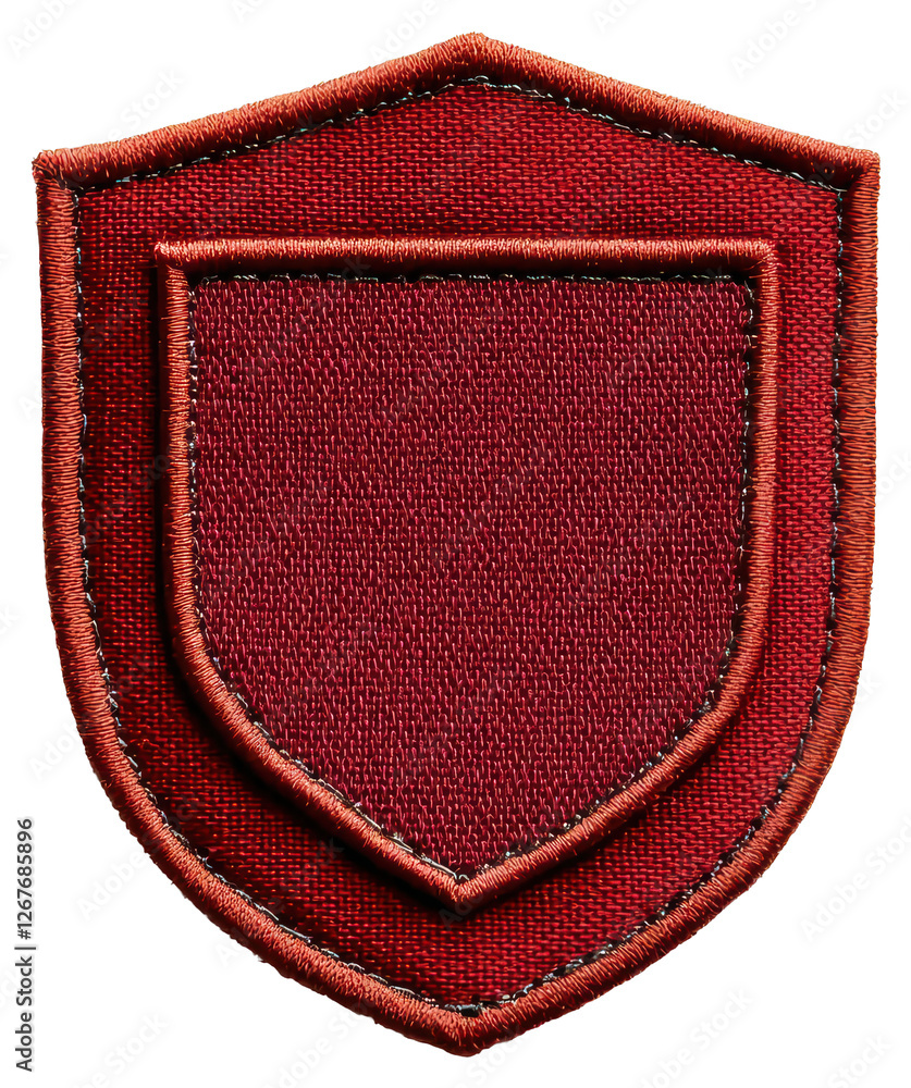 Poster detailed red shield patch emblem on transparent background with textured fabric