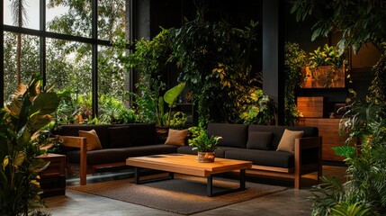 Fototapeta premium Cozy Indoor Living Room Surrounded by Lush Green Plants