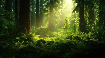 Enchanting Sunlit Forest with Lush Greenery and Tall Trees