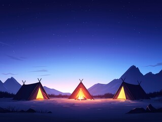 Serene night camp scene featuring a cozy tent and flickering campfire under a starry sky