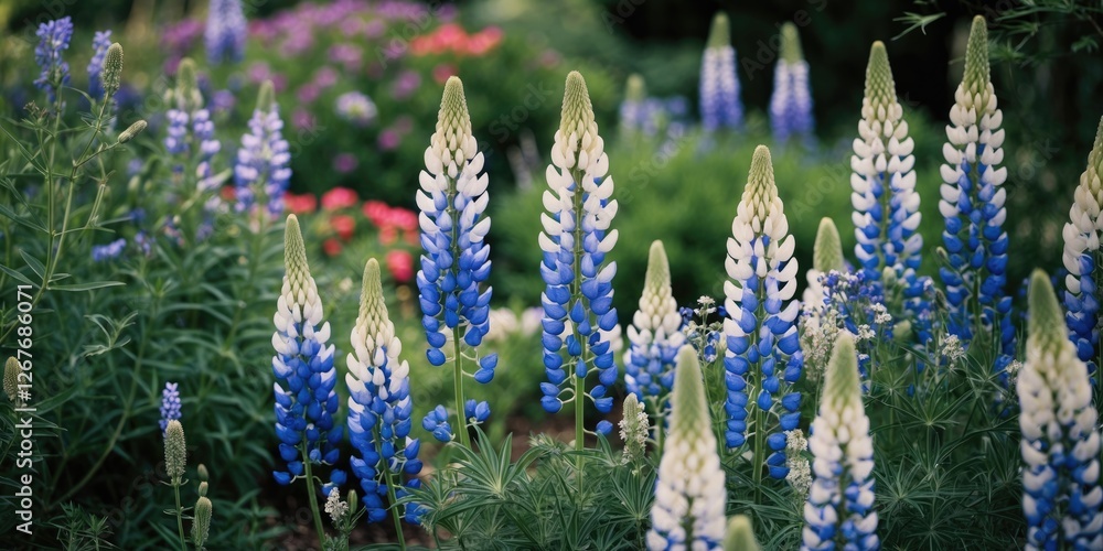 Poster lupin flowers in vibrant colors create a serene garden scene with ample space for text and design el