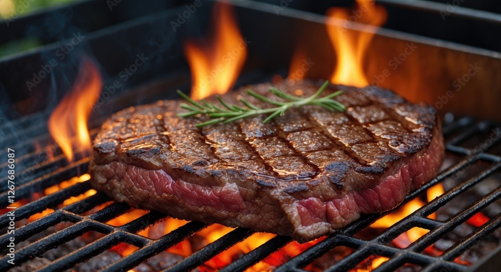 Poster sizzling beef steak on the grill surrounded by flames with space for custom text and branding